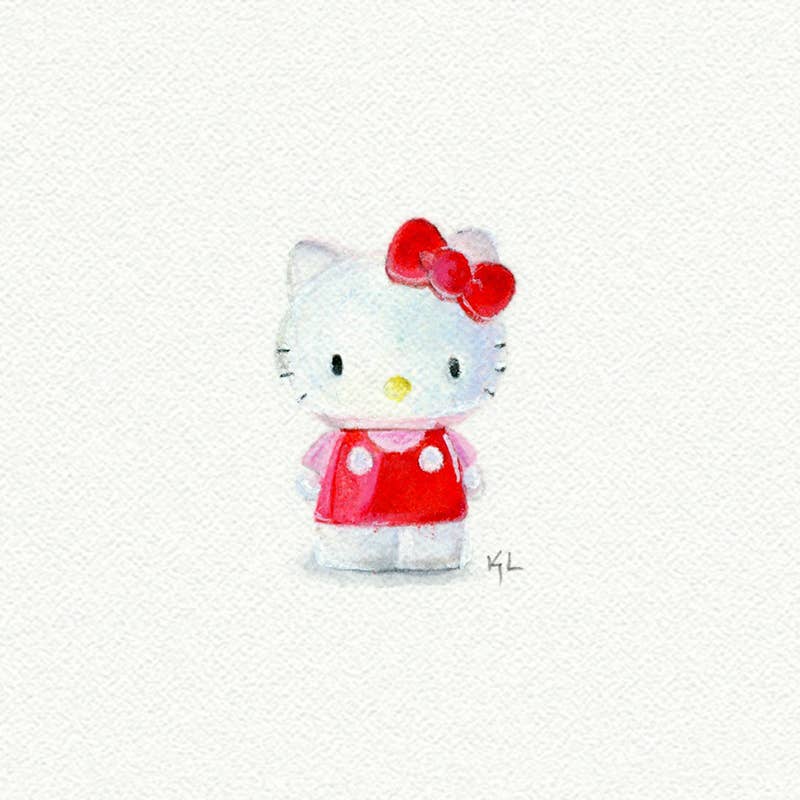 Miniature watercolor art print of Hello Kitty – archival-quality reproduction on 5x5 fine art matte paper